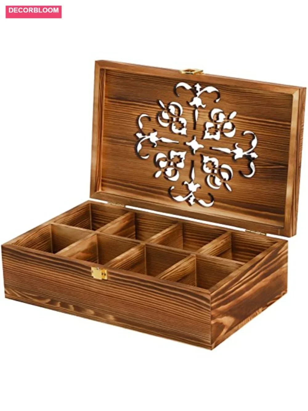 Wooden Tea Bag Storage Box with Carved Lid, 8-Compartment Organizer for Spice